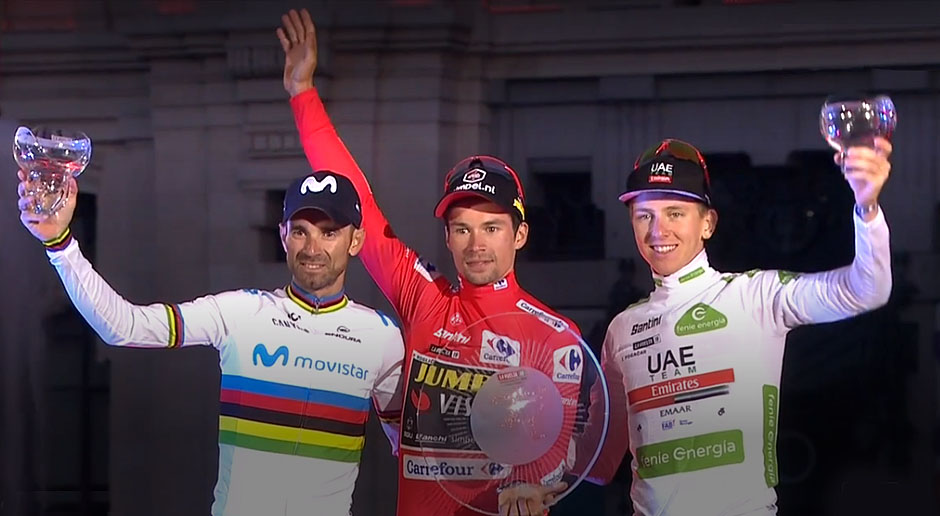 PODIUM FINAL de LA VUELTA 2019 1 er ROGLIC, 2ème VALVERDE, 3ème POGACAR